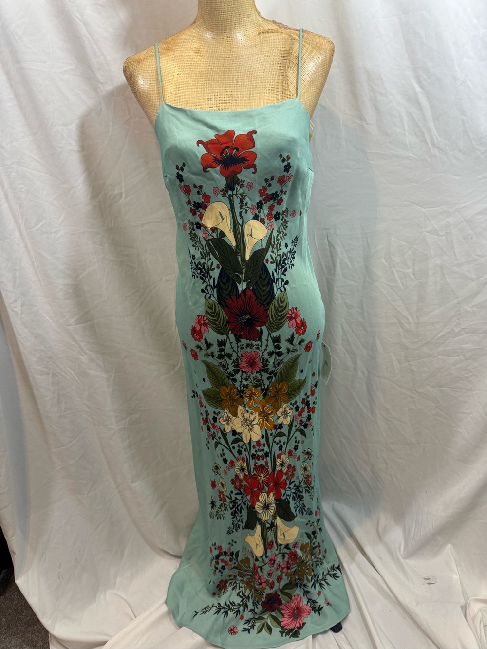 FARM Rio Aqua Floral Slip Maxi Dress with Red & Cream Accents M
